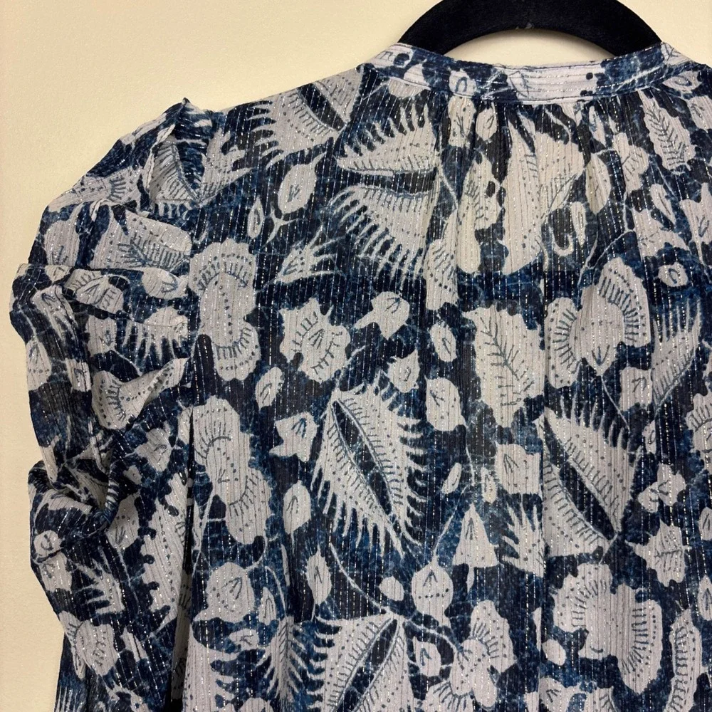 ULLA JOHNSON Adina Long Sleeve Button-Down Blouse Indigo Blue Gold Women‎ Size 0